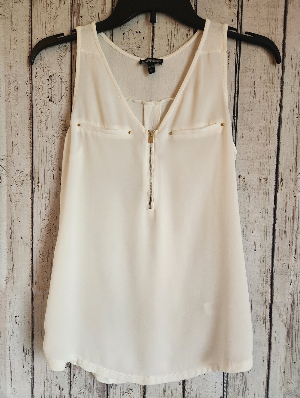Express Women's XS Ivory Sleeveless Zip Front V-Neck Blouse Mixed Media Tank Top